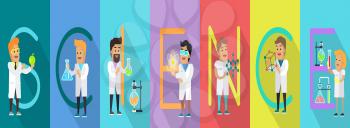 Science conceptual banner. Human characters in white gowns with scientific equipment. Education and modern technology. Word science with scientists. For education sources ad, infographics. Vector