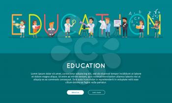 Education conceptual vector web banner. Flat style. Scientists characters at work. Horizontal illustration for educational online services, startups, corporate web sites, business landing pages design