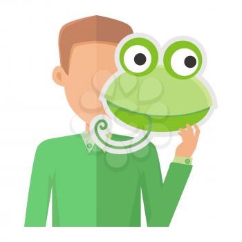 Man without face with frog mask isolated on white. Boy in green sweater with carnaval festival mask for children. Funny cartoon vizor. Masquerade masque. Animator userpic avatar. Vector in flat style