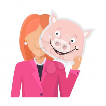 Red head woman character in pink suit with pig mask in hand vector. Flat design. Masquerade animal clothing and party costume. Psychological portrait and hidden personality. On white background