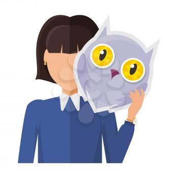 Woman character in jacket with owl mask in hand vector. Flat design. Masquerade animal clothing and party costume. Psychological portrait and hidden personality. Isolated on white background