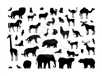 Animals silhouettes set. Deer, bear, wolf, tiger, fox, panda, raccoon, rabbit, owl, mouse eagle weasel roe deer chipmunk elephant giraffe isolated on white background Wildlife collection