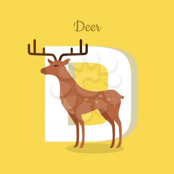 Animal alphabet vector concept. Flat style. Zoo ABC with wild animal. Fallow-deer standing on yellow background, letter D behind. Educational glossary. For children s books, textbooks illustrating