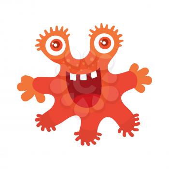 Funny smiling germ. Red smile character. Happy monster with tooth. Bacteria with big eyes and red mouth. Vector cartoon funny illustration in flat style design. Friendly virus. Microbe face