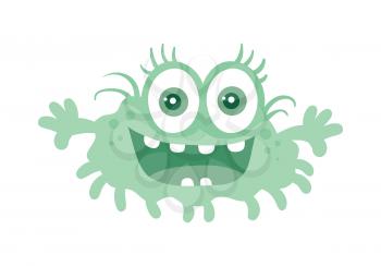 Funny smiling germ. Blue cartoon character with big eyes. Happy monster with tooth. Bacteria with hands and open mouth. Vector funny illustration in flat style design. Friendly virus. Microbe face