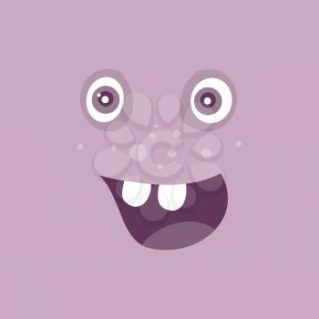Funny smiling monster. Smile character. Happy germ with tooth. Monster with big eyes and mouth. Vector cartoon funny bacteria illustration in flat style design. Friendly virus. Microbe face