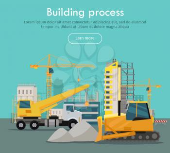 Building process web banner concept in flat style. Unloading of sand. Construction of residential houses banners set. Big building area. Icons of construction machinery. Vector illustration