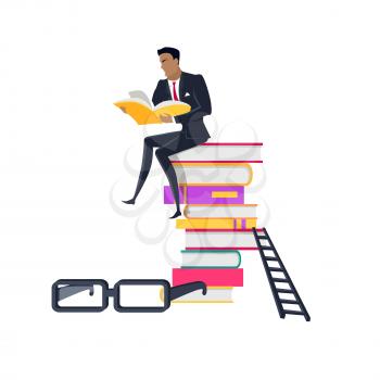 Getting on top of knowledge vector concept. Flat design. Man character in business suit seating on huge pile of books. Self-education and literature reading concept. Isolated on white background. 
