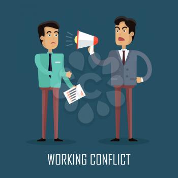 Working Conflict. Businessman screaming into a megaphone. Business man arguing. Angry man in business suit and tie shouting against his employee with the help of a megaphone. Flat vector illustration.