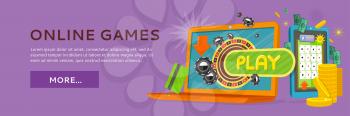 Online games web banner isolated on purple with play button. Money, coins, credit cards, gambling devices and stars. Casino jackpot, luck game, chance and gamble, lucky fortune. Vector illustration