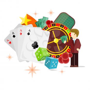 Casino poster with roulette wheel, cards dice money coins chips crap game dealer stars croupier isolated on white. Gambling luck, fortune and bet, risk and leisure, jackpot chance. Vector illustration