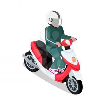 Biker in helmet driving red scooter. Motorbiker with motorcycle. Man in green suit riding scooter. Flat 3d isometric motorcyclist on motorcycle. Isometric biker top view. Isolated vector illustration.