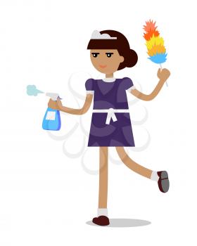 Young girl or woman working in a maid uniform sprinkles water. Cleaning homes and offices. Home cleaning service. Woman in uniform. Vector illustration isolated on white background in flat.