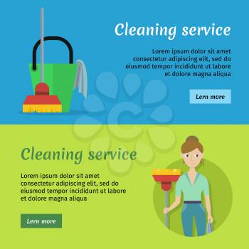 Set of cleaning service banners with cleaning equipment. Woman in green uniform with red mop. House cleaning service, professional office cleaning, home cleaning, domestic cleaning service.
