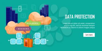 Data protection web banner in flat style. Internet security. Servers, cloud services, media and social networks icons. Illustration for video presentation or corporate ad animation clip