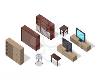Set of furniture vectors in isometric projection. Rack, TV stand, tea tables, illustrations for stores ad, app icons, infographics, logo, web and games environment design. Isolated on white background
