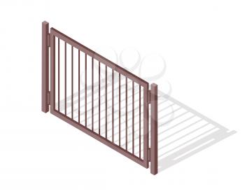 Steel fence section vector. Metal mesh barrier with shadow isometric projection vector illustration isolated on white background. For gaming environment, architecture elements, apps, web design