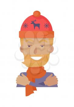 Hat. Young man in knitted red hat with blue deer and two snowflakes. Warm hat and orange scarf. Male with red beard in blue sweater hugging himself. Coldness. Flat design. Vector illustration