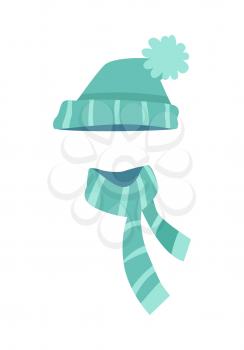Hat. Knitted modern hat and twisted scarf with white stripes. Winter sport hat in triangle shape and scarf along. Two different endings of scarf. Flat design. White background. Vector illustration.