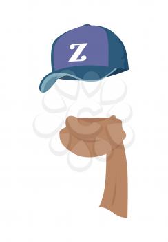 Hat. Contemporary sport violet cap with Z letter. Warm silk knitted brown scarf twisted on the right. White background. Common icons of various headwear types. Flat design. Vector illustration