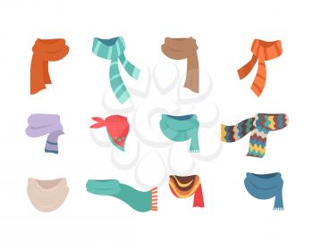 Set of scarves for boys and girls in cold weather. Stylish scarves on white background. Clothes for winter and autumn. Blue, red, brown, violet, brown, white and striped scarves. Vector illustration.