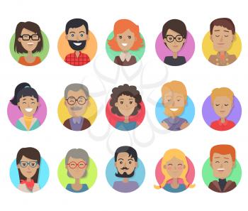 Set of icons with smiling people of different age and sex on white background. Icons of men and women in colored circles. Men with beards and mustache. Men and women in glasses. Vector illustration.