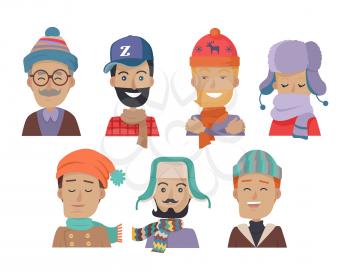 Set of icons of men in different colored hats and scarves in white background. Men in cold weather. Men with beards, mustaches and glasses. Clothes for winter and autumn. Vector illustration.