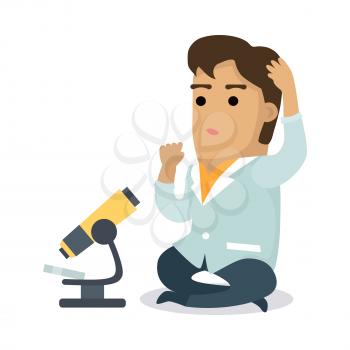 Scientist with microscope. Man in white coat sitting and scratching head near microscope flat vector illustration on white background. Microbiological research. For scientific, educational concepts