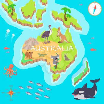 Australia isometric map with flora and fauna. Cartography concept with nature. Geographical map with local fauna. Australia continent with mammals and sea life. Vector illustration for kids