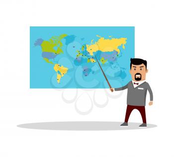 Teacher with a pointer standing near the world political map. Flat design. Geography lesson vector illustration. Global politics, breaking news, climate change, concept. Isolated on white.
