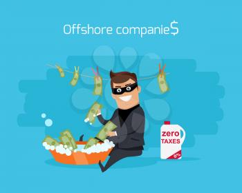 Offshore companies concept vector. Flat design. Financial crime, tax evasion, money laundering, political corruption illustration. Man in a business suit, in mask washes the money in bowl with water.
