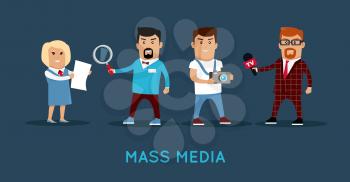 Mass media workers characters vector. Flat style design. TV reporter, journalist, photographer, investigator illustration. Media profession concept banner for web design, avatars, infographic.