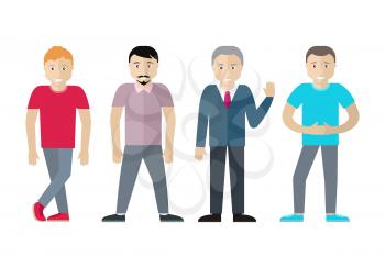 Set of men of different age and status. Sportive blond man, man with beard, elderly male in tie and sweater, brunette teenager in blue t-shirt isolated on white. Illustration in flat style. Vector