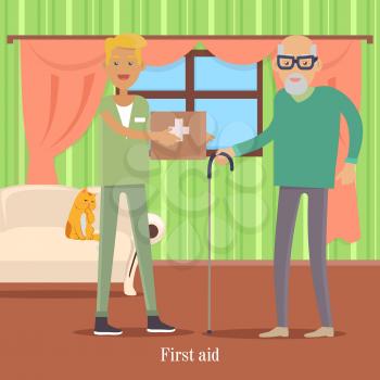 First aid of medical workers for oldsters. Young doctor with medicine chest helps man. Health care, medical care concept. Vector illustration can be used as poster in hospitals and banner on websites.