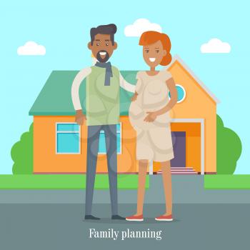 Family planning banner. Man and woman expecting baby. Young family. Pregnant woman, pregnancy female belly. Future mother and father characters vector. Pregnant woman lifestyle. Happy maternity.