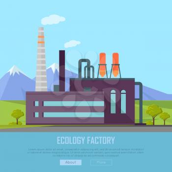 Ecology factory web banner. Eco manufacturing and producing. Plant icon in flat style. Environmentally friendly. Retailer of organic natural healthy products. Modern building of the factory. Vector
