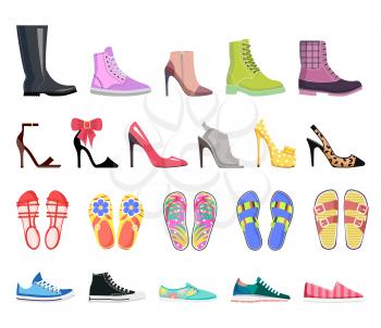 Collection of shoes types icons. Modern colourful female footwear. Casual, classic, platform, heel, ballet, spiked, sandals, moccasins, leather flip-flop loafer Flat design Vector illustration