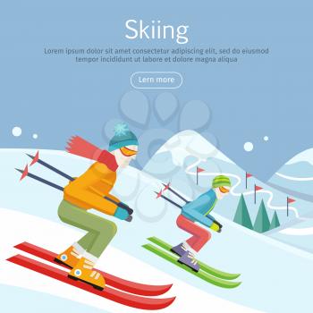 Skiing banner. Skiers on snowy slope competition. Person skiing flat style. Winter season recreation winter sport activity. Slalom sport ski race. Athletes on downhill. Extreme speed skiing. Vector