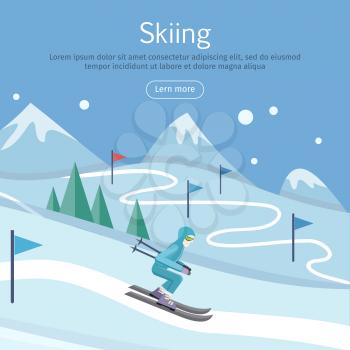 Skiing banner. Skier on snowy slope. Skiing way. Person skiing flat style. Winter season recreation winter sport activity. Slalom sport ski race. Athlete on downhill. Extreme speed skiing. Vector