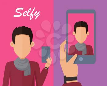 Selfy on smartphone. Young man taking own self portrait with mobile phone. Modern life with selfie photo camera. Selfie smile, selfie concept. Man shows his photo on displlay. Vector illustration