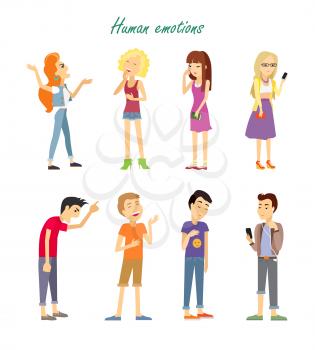 Set of human emotions. Quarrel. Indifference. Love. Parting. Phlegmatic, sanguine, choleric, melancholic temperament of teenagers. Man and woman in different emotional states. Vector illustration