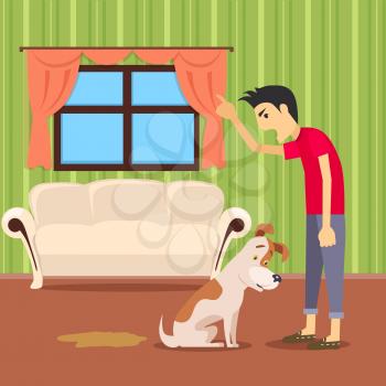 Choleric temperament type boy shouting on pet. Angry boy punishing his dog. Quarrel. People personality reactions and problems. Master in bad mood scream on puppy. Vector illustration in flat style