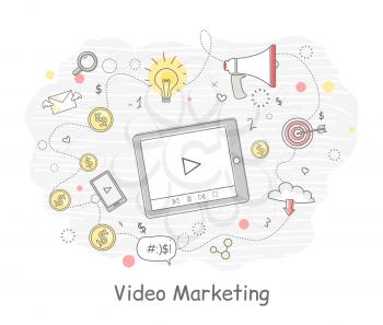 Video marketing. Approaches, methods and measures to promote products and services based on video. Video marketing business flat. Online video, internet marketing technology and media social marketing