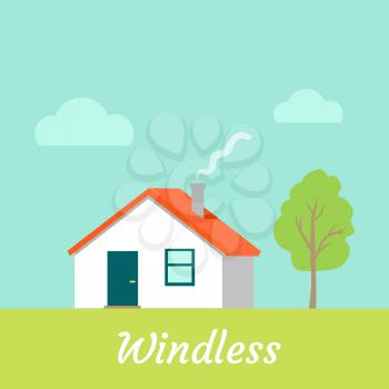 Windless weather. No wind. Countryside building. Modern cottage in sunny windless day. House without blowing any wind. Calm, sunny weather near residence. Vector illustration in flat style