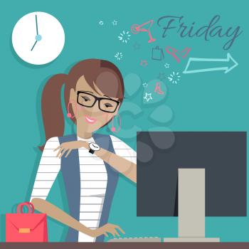Friday working day. Woman dreaming about her weekends. Girl thinks how to spend her weekend cheerful. Part of series of daily routine of the week. Working hours, schedule. Vector illustration.