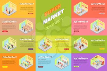 Supermarket departments banners set. Cheese, bakery, alcoholic, juices, fruits and vegetables, milk, meat, fish store shop web banners. Collection of mall departments in flat style design. Vector
