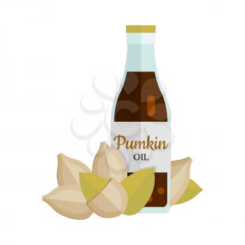 Pumkin seeds with pumkin oil. Ripe pumkin seeds in flat. Pumkin butter in glass bottle. Several pumkin seeds. Healthy vegetarian food. Vector illustration