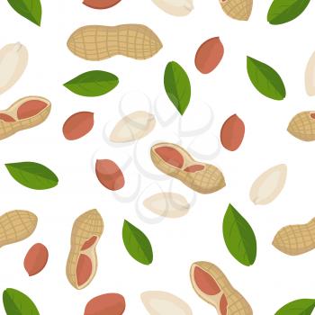 Peanut seamless pattern vector in flat design. Traditional snack. Healthy food. Nut ornament for wallpapers, polygraphy, textiles, web page design, surface textures. Isolated on white background.
