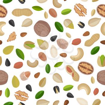 Vector seamless pattern with nuts and seeds. Flat design. Traditional snack. Healthy food. Ornament for wallpaper, polygraphy, textile, web page design, surface textures. Isolated on white background.