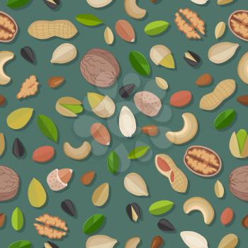 Vector seamless pattern with nuts and seeds. Flat design. Traditional snack. Healthy food. Ornament for wallpaper, polygraphy, textile, web design, surface textures. Isolated on colored background.